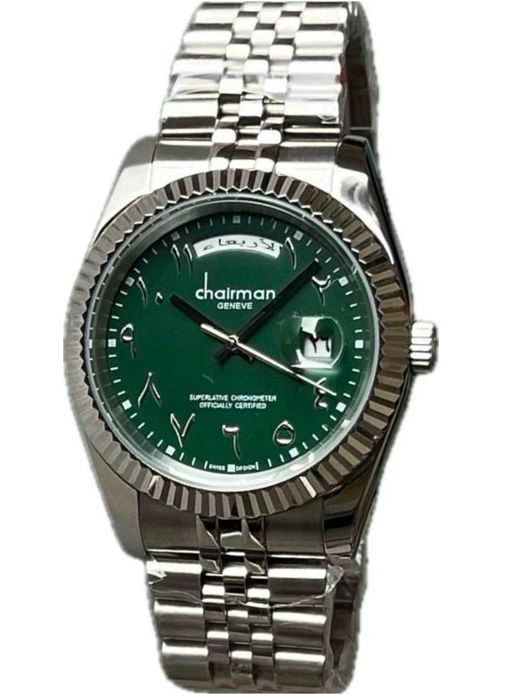 Men's Silver Stainless Steel Wrist Watch, Day/Date with Green Dial and Arabic Numbers