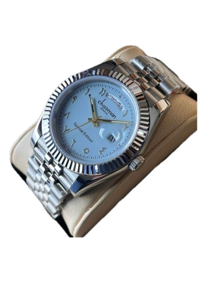 Men's Silver Stainless Steel Wrist Watch, Day/Date with Light Blue Dial and Arabic Numbers