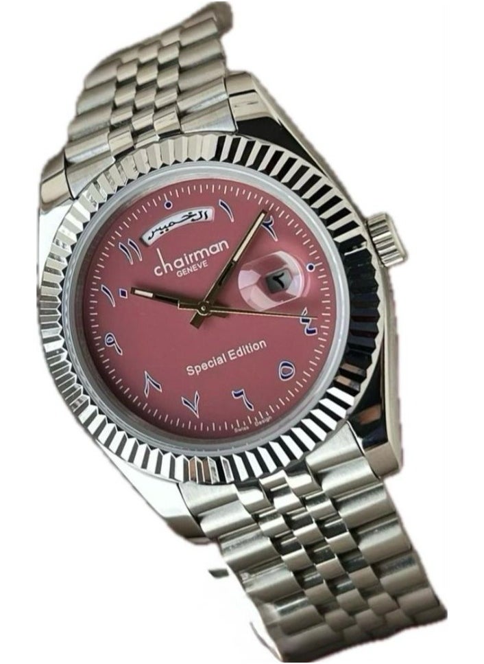 Men's Silver Stainless Steel Wrist Watch, Day/Date with Light Maroon Dial and Arabic Numbers