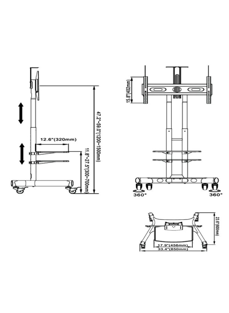 BEETEC TF-1500S Mobile TV Trolley for 40-70 Inch TVs up to 50 kg, VESA Compatible 600x400 mm, Dual Shelf Design for AV Equipment, Mobile with Locking Wheels for Stability