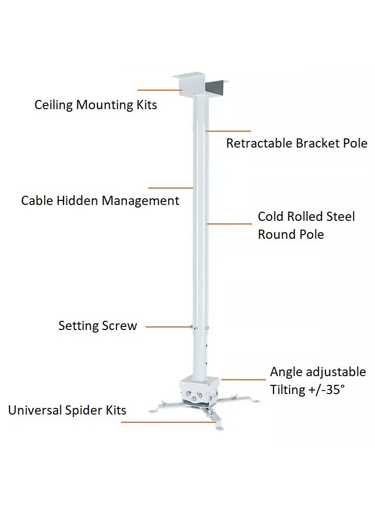 BEETEC TF-PM100-W Projector Ceiling Mount – 360° Rotating Joint, Adjustable Length (65-100 CM) & Tilting Design, Fine-Tune Adjustable Ceiling Plate, Swiveling Joint, Universal Support Arms, Detachable Head for Easy Installation, White