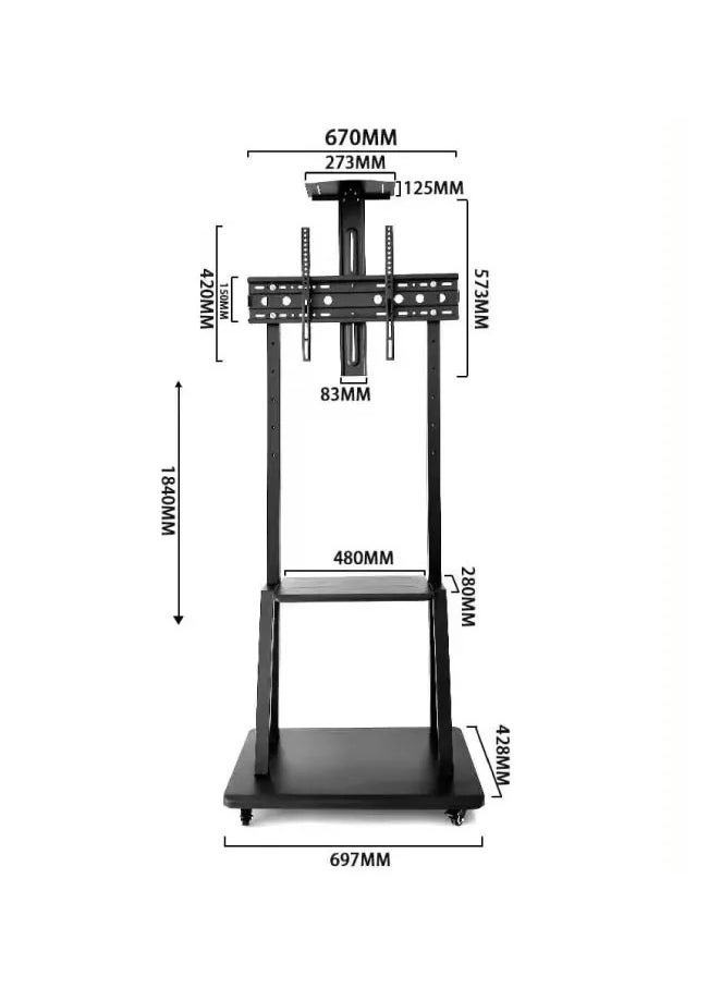 BEETEC TF-FS1700B Mobile TV Cart for up to 100 Inch TVs up to 150 kg, VESA Compatible up to 900x600 mm, Equipped with Heavy-Duty Locking Casters, Additional AV Support Shelf, and Height Adjustment