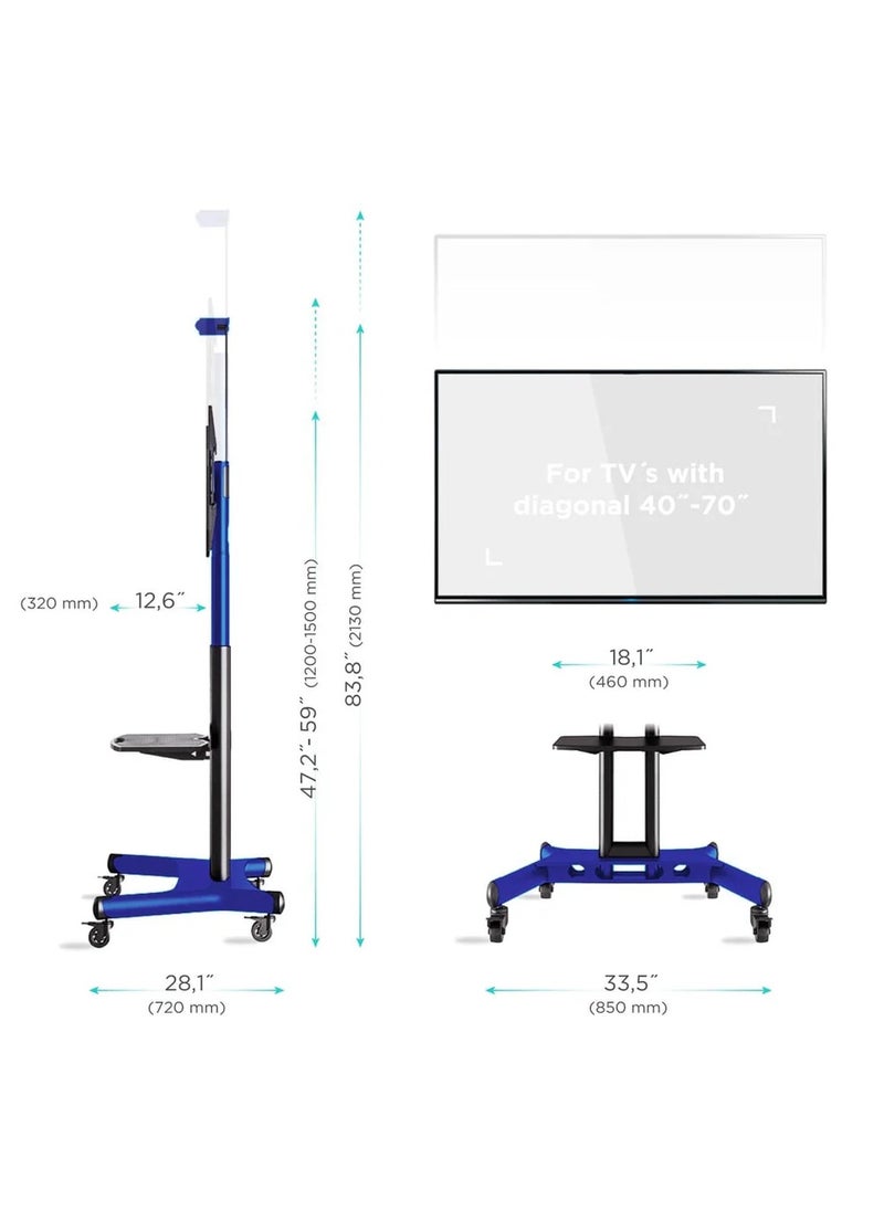 BEETEC TF-T1551BLU Mobile TV Cart for 40-70 Inch TVs up to 50 kg, VESA Compatible 600x400 mm, Equipped with Wheels for Easy Movement and Locking Feature for Stability