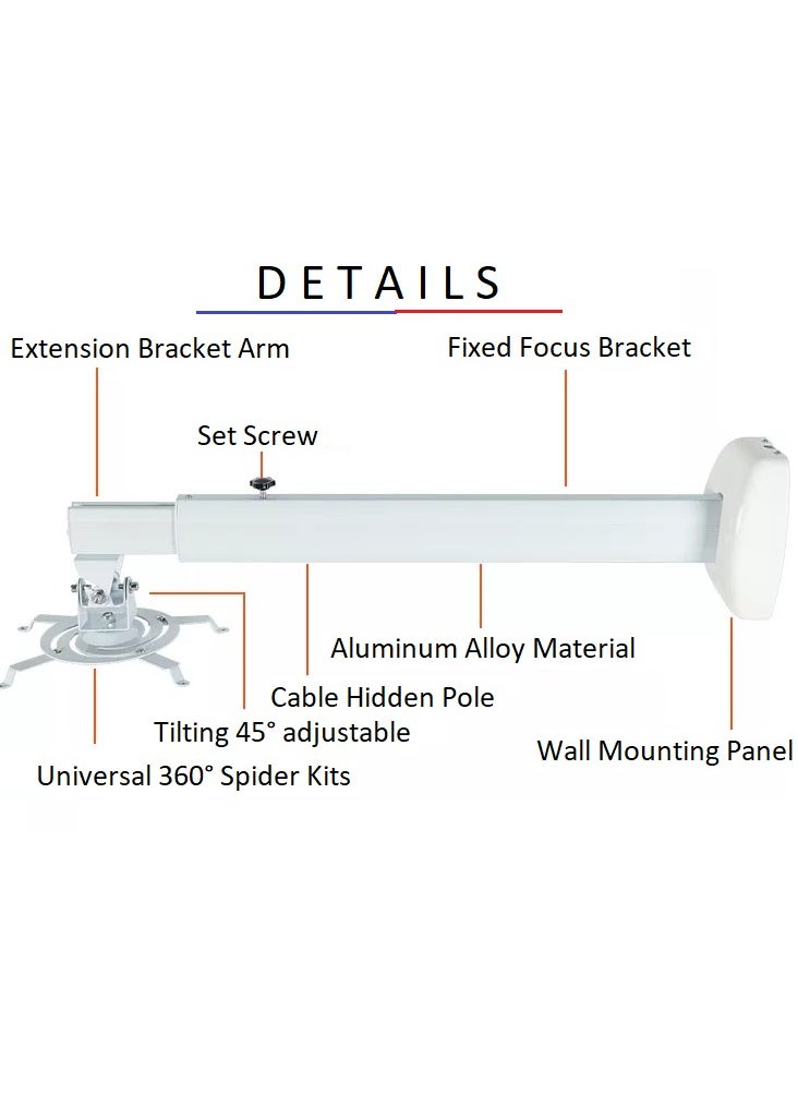 Short Throw Projector Wall Mount, Supports Projectors up to 40kg/88lbs, Adjustable Length, 360° Rotation, Cable Management | TF-SM120-W