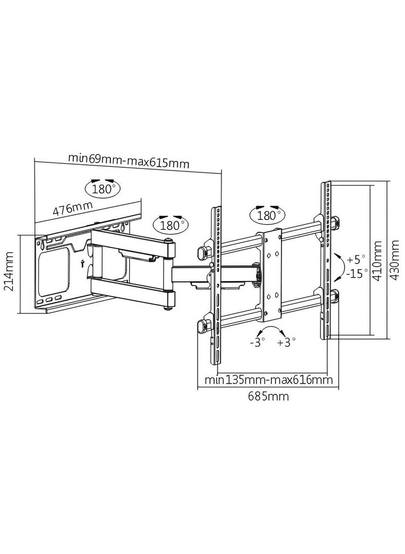 BEETEC TF-LPA49-463D Single Arm Swivel TV Wall Mount for 37-75 Inch Flat Panel TVs up to 60 kg/132 lbs, Full-Motion Design with 615mm Extension, Free-Tilting Design for Better Viewing and Reduced Glare, Black