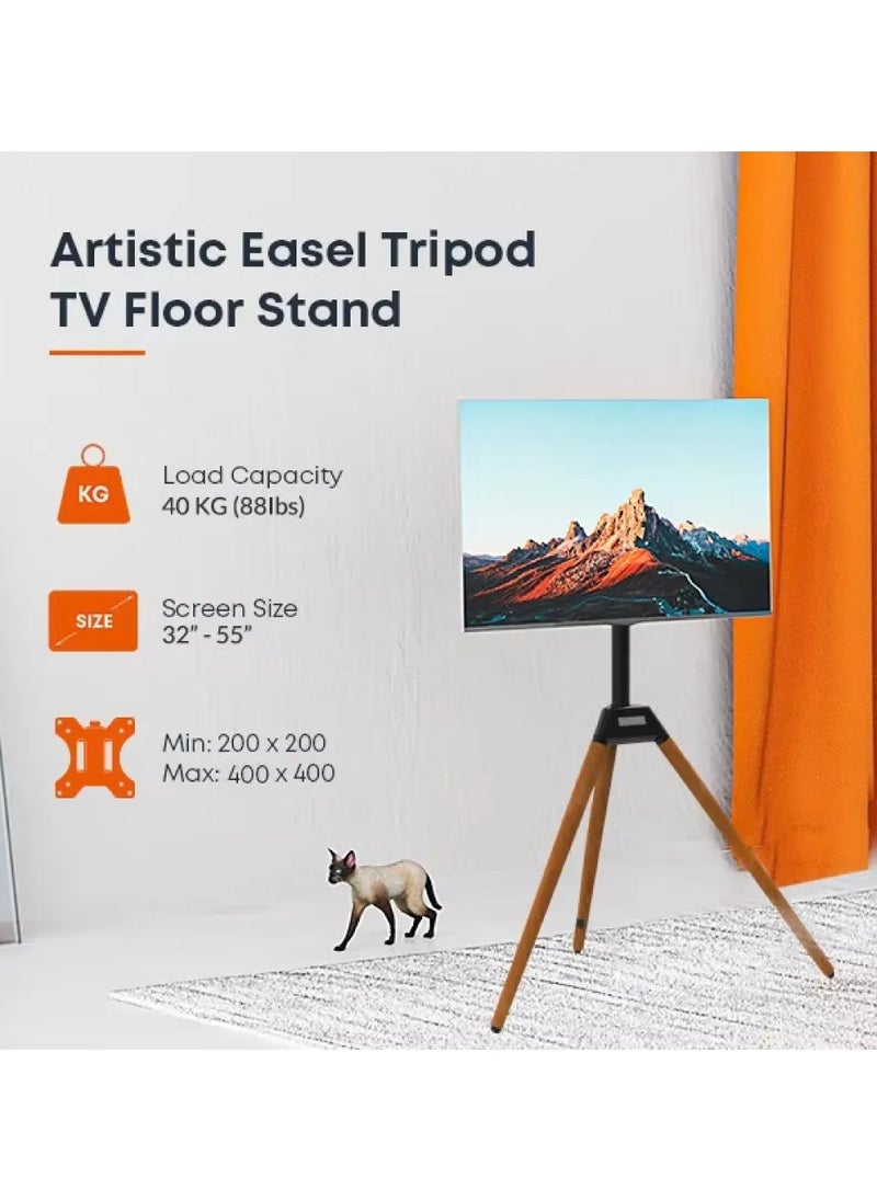 TV Floor Stand for 32-55 Inch TVs up to 40 kg, VESA Compatible 200x200mm to 400x400mm, Minimalist Wooden Tripod Design with Tilt and 360° Swivel Functionality | TF-FS105B