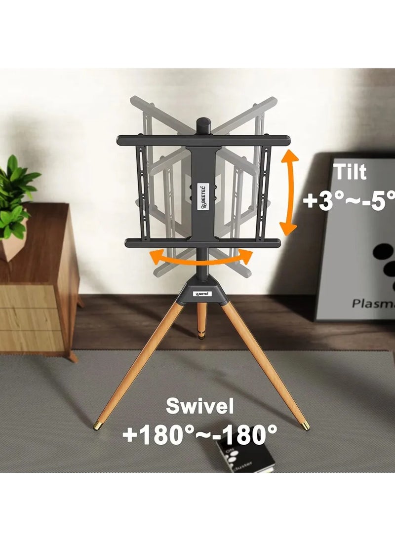 TV Floor Stand for 32-55 Inch TVs up to 40 kg, VESA Compatible 200x200mm to 400x400mm, Minimalist Wooden Tripod Design with Tilt and 360° Swivel Functionality | TF-FS105B