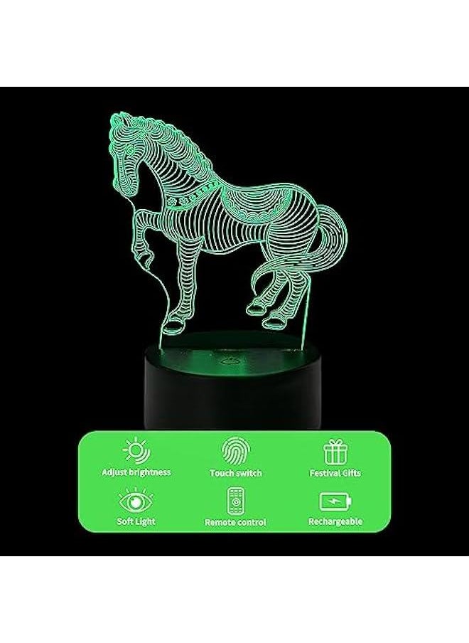 3D Horse Illusion Night Light with Remote Control 7 Colors Changing Dimmable Animals Lamp Decoration Living Room Bedroom Decor