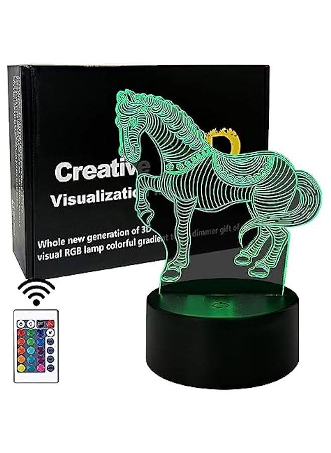 3D Horse Illusion Night Light with Remote Control 7 Colors Changing Dimmable Animals Lamp Decoration Living Room Bedroom Decor