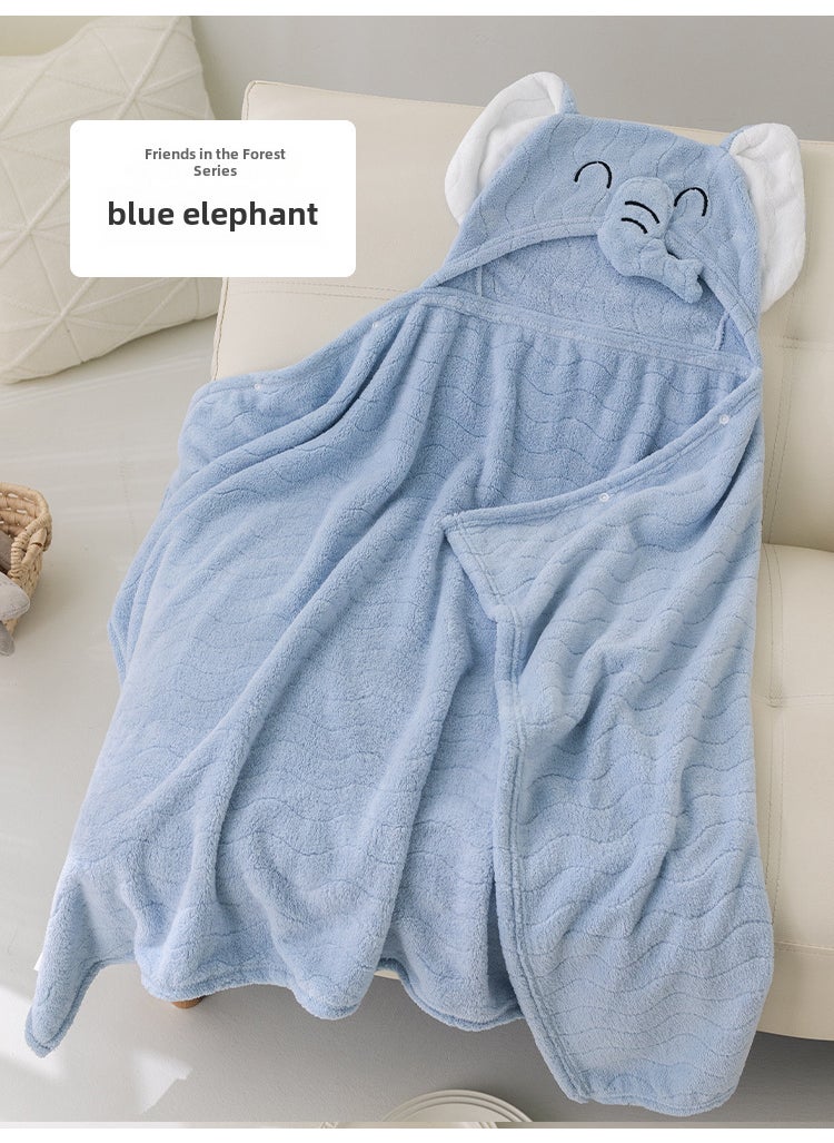 Infant Coral Fleece Hooded Cape Soft Cartoon Animal Towel Little Blue Elephant