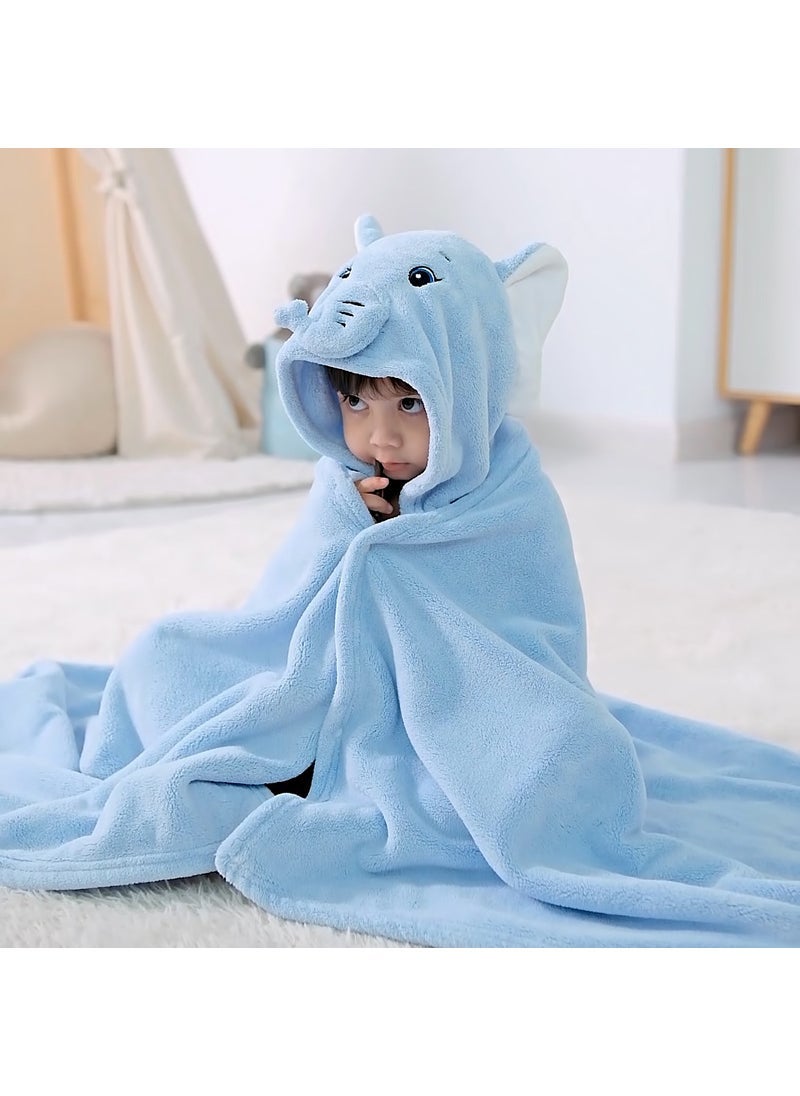 Infant Coral Fleece Hooded Cape Soft Cartoon Animal Towel Blue Elephant