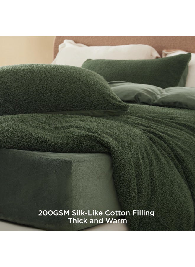 Bedsure Fluffy Sherpa Queen Comforter Set, Olive Green Comforter Queen Size, Luxury Ultra-Soft Bedding Set, 3 Pieces, 1 Solid Queen Comforter (90