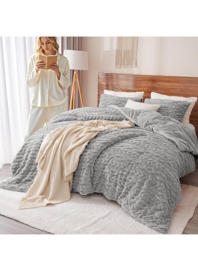 PHF Fluffy Sherpa Fleece Comforter Set King, 3 Pieces Warm Fuzzy Soft Bedding Comforter Set, 3D Tufted Flannel Warm Plush Shaggy Sherpa Bedding Set for Winter (Grey, 104x90Inch)