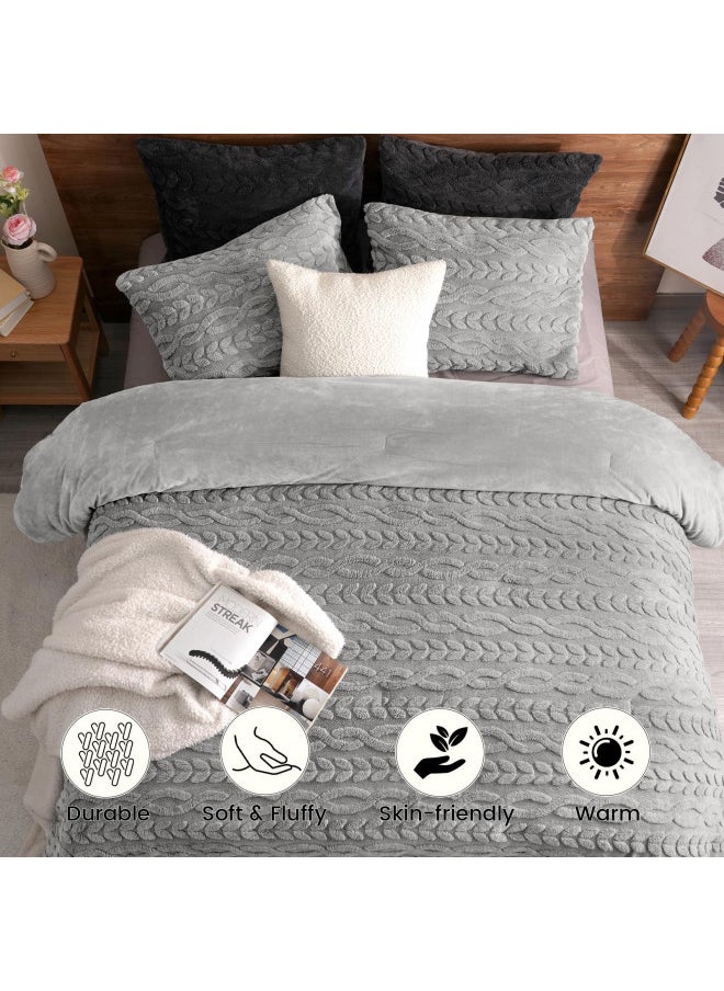 PHF Fluffy Sherpa Fleece Comforter Set King, 3 Pieces Warm Fuzzy Soft Bedding Comforter Set, 3D Tufted Flannel Warm Plush Shaggy Sherpa Bedding Set for Winter (Grey, 104x90Inch)