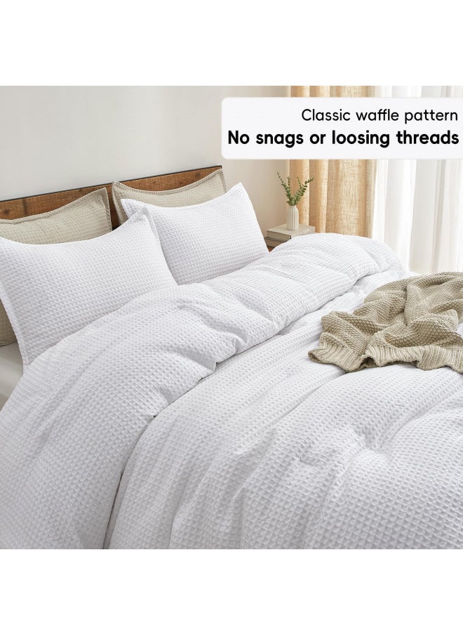 PHF 3 Pieces Waffle Weave Comforter Set Queen Size, Lightweight Breathable Comfy Bedding Set for All Season, Ultra Soft Textured Comforter Set with 2 Pillow Shams, White