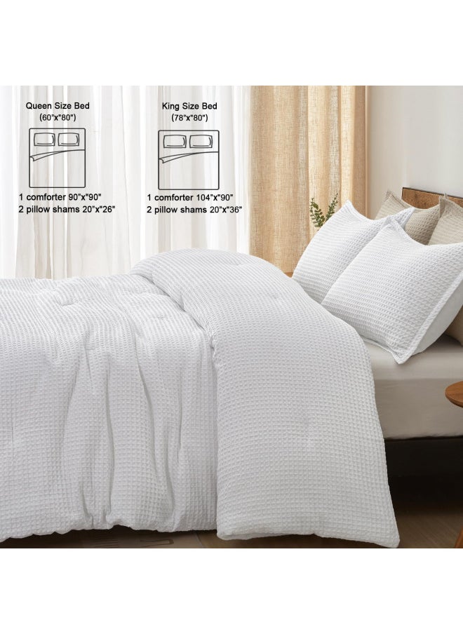 PHF 3 Pieces Waffle Weave Comforter Set Queen Size, Lightweight Breathable Comfy Bedding Set for All Season, Ultra Soft Textured Comforter Set with 2 Pillow Shams, White