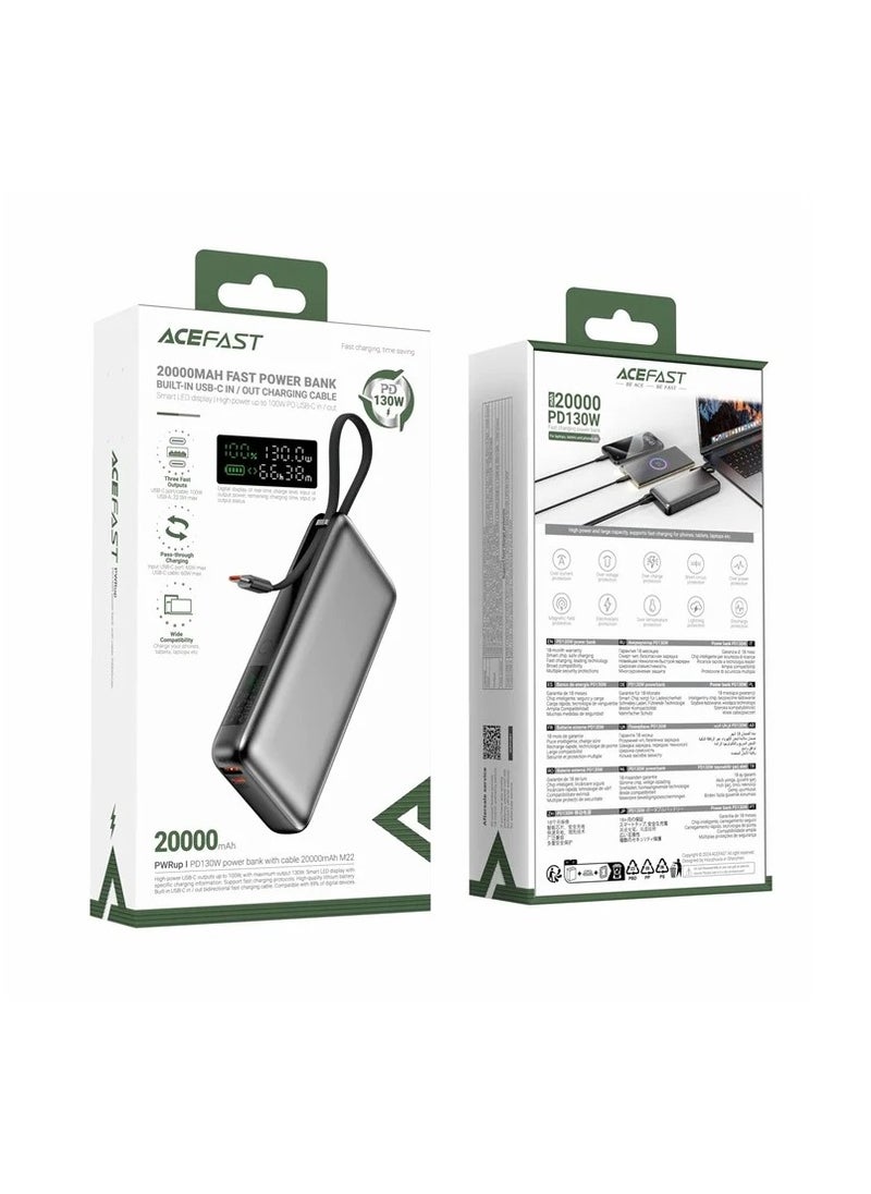 ACEFAST M22-20000 Portable Phone Charger 20000mAh PD 130W Power Bank with Built-In USB-C Cable