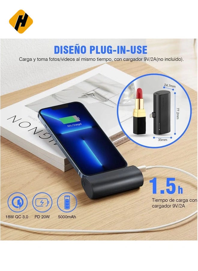 Mini Portable Powerbank 5000mAh – Fast Charging 20W PD, QC 3.0 External Battery with Built-in Plug