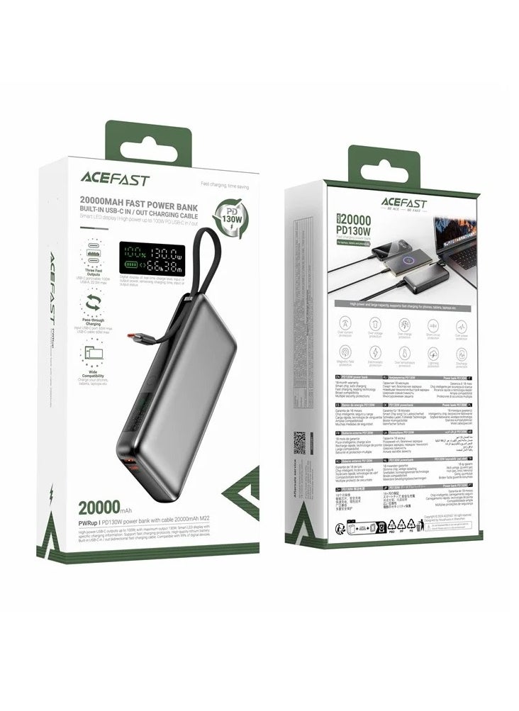 ACEFAST M22-20000 Portable Phone Charger 20000mAh PD 130W Power Bank with Built-In USB-C Cable