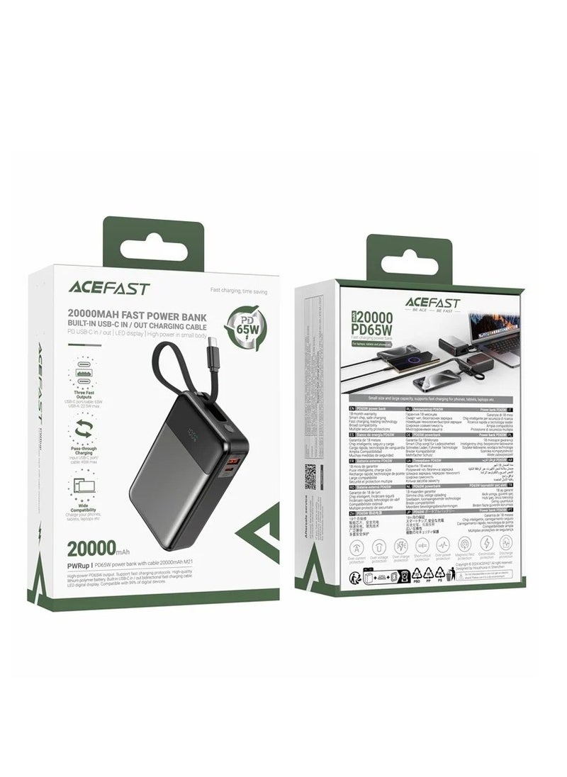 ACEFAST M21-20000 Power Bank 20000mAh PD 65W Phone Charger with Built-In Type-C Cable