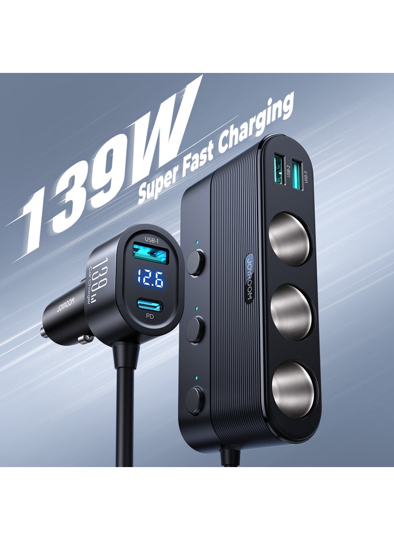 139W High-Power Car Charger 7-in-1 Safety Display Black