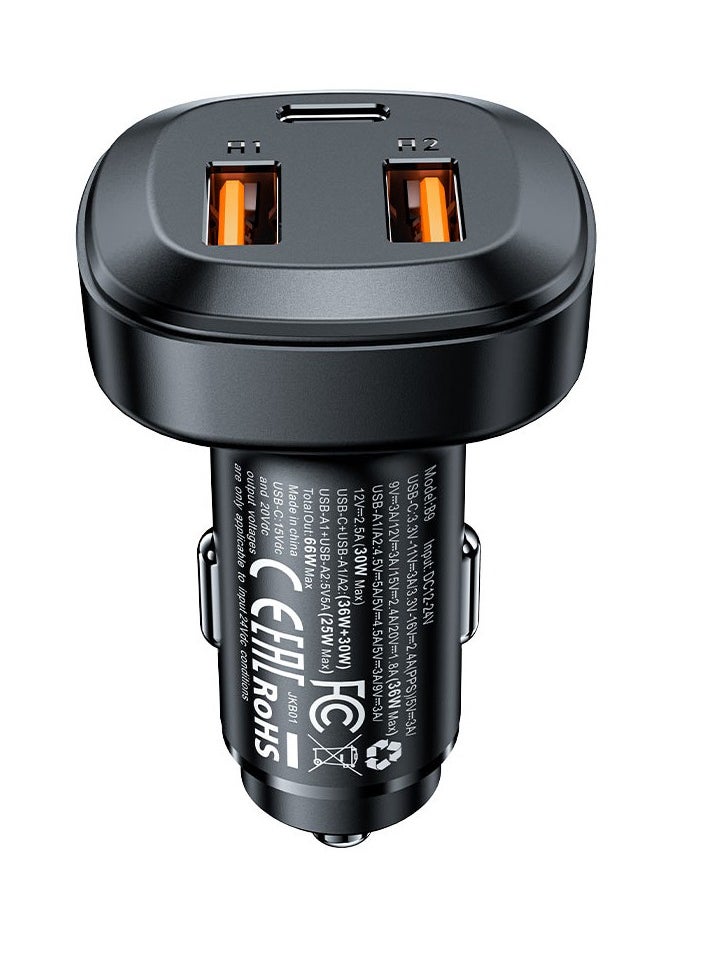 B9 66W(2USB-A+USB-C) Three Port Metal Car Charger