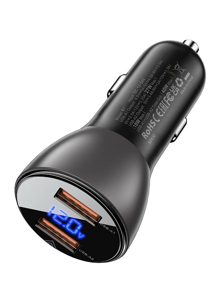 Acefast B7 45W USB-A+USB-A Dual-Port Metal Car Charger with Digital Display