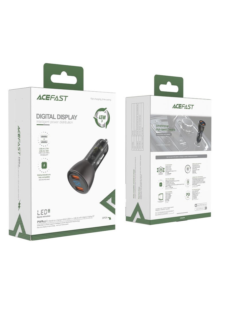 Acefast B7 45W USB-A+USB-A Dual-Port Metal Car Charger with Digital Display