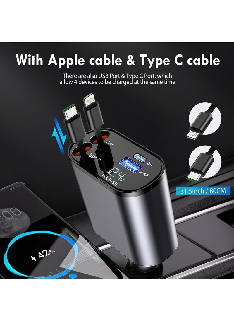 Car Charger with Retractable Type-C Cable – Quick Charge and Tangle-Free Design