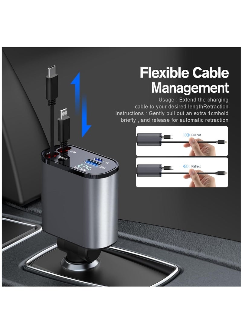 Car Charger with Retractable Type-C Cable – Quick Charge and Tangle-Free Design