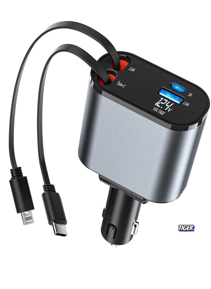 Car Charger with Retractable Type-C Cable – Quick Charge and Tangle-Free Design