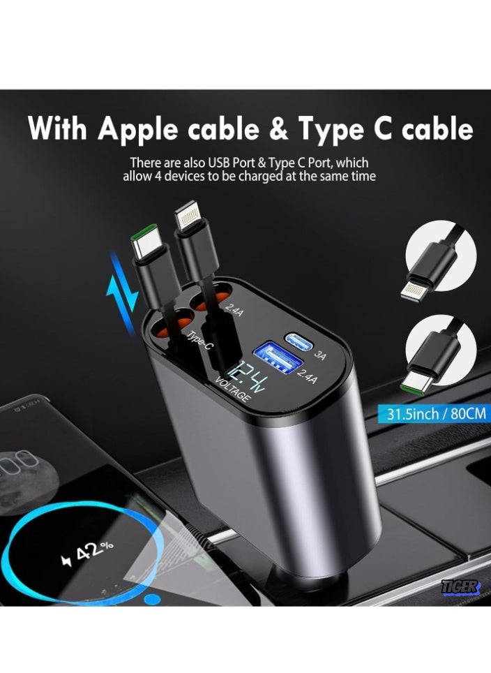 Car Charger with Retractable Type-C Cable – Quick Charge and Tangle-Free Design