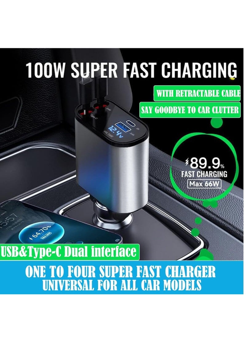 Car Charger with Retractable Type-C Cable – Quick Charge and Tangle-Free Design