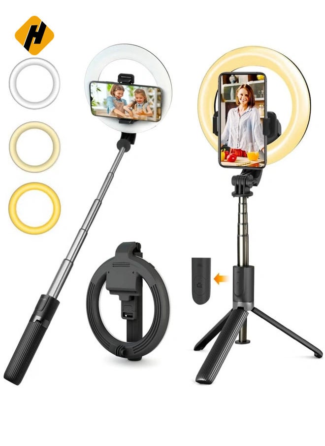 Selfie Stick with Ring Light, 2023 Model, 3 Color Modes, 9 Levels of Dimming, High Brightness, Tripod, Selfie Light, 360° x 220° Rotation, 5 Levels of Stretching, Auxiliary Light, Bluetooth Remo