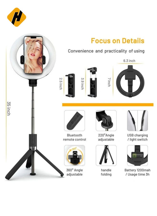 Selfie Stick with Ring Light, 2023 Model, 3 Color Modes, 9 Levels of Dimming, High Brightness, Tripod, Selfie Light, 360° x 220° Rotation, 5 Levels of Stretching, Auxiliary Light, Bluetooth Remo