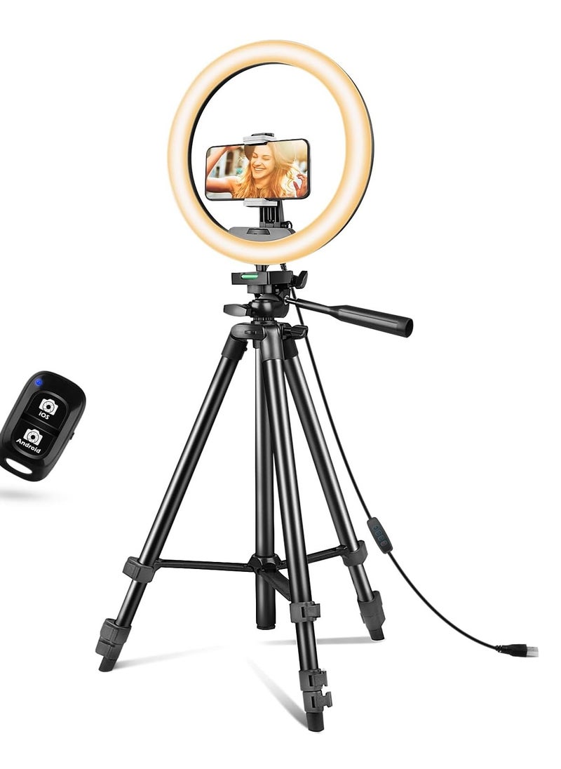 10''Ring Light with 50'' Extendable Tripod Stand, LED Circle Lights with Phone Holder for Live Stream/Makeup/YouTube Video/TikTok, Compatible with All Phones