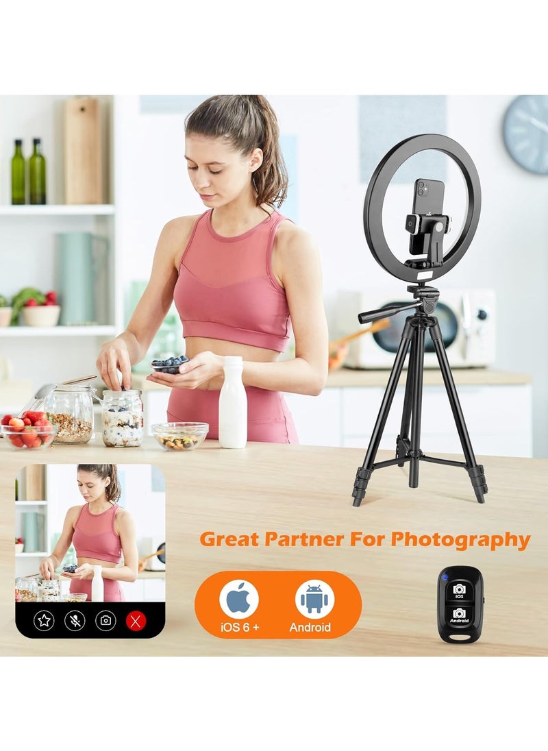 10''Ring Light with 50'' Extendable Tripod Stand, LED Circle Lights with Phone Holder for Live Stream/Makeup/YouTube Video/TikTok, Compatible with All Phones