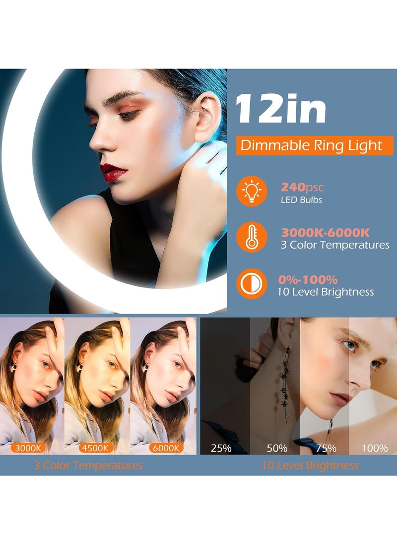 10''Ring Light with 50'' Extendable Tripod Stand, LED Circle Lights with Phone Holder for Live Stream/Makeup/YouTube Video/TikTok, Compatible with All Phones