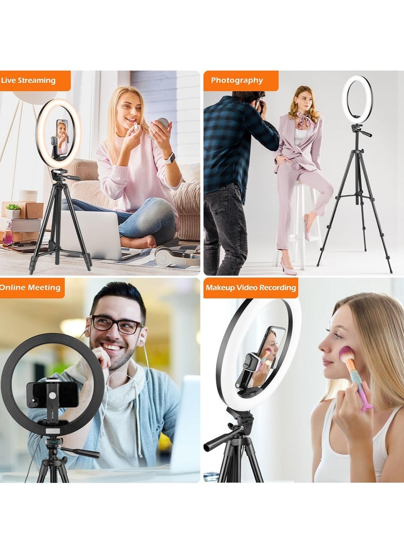 10''Ring Light with 50'' Extendable Tripod Stand, LED Circle Lights with Phone Holder for Live Stream/Makeup/YouTube Video/TikTok, Compatible with All Phones