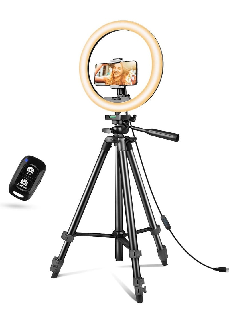 10''Ring Light with 50'' Extendable Tripod Stand, LED Circle Lights with Phone Holder for Live Stream/Makeup/YouTube Video/TikTok, Compatible with All Phones