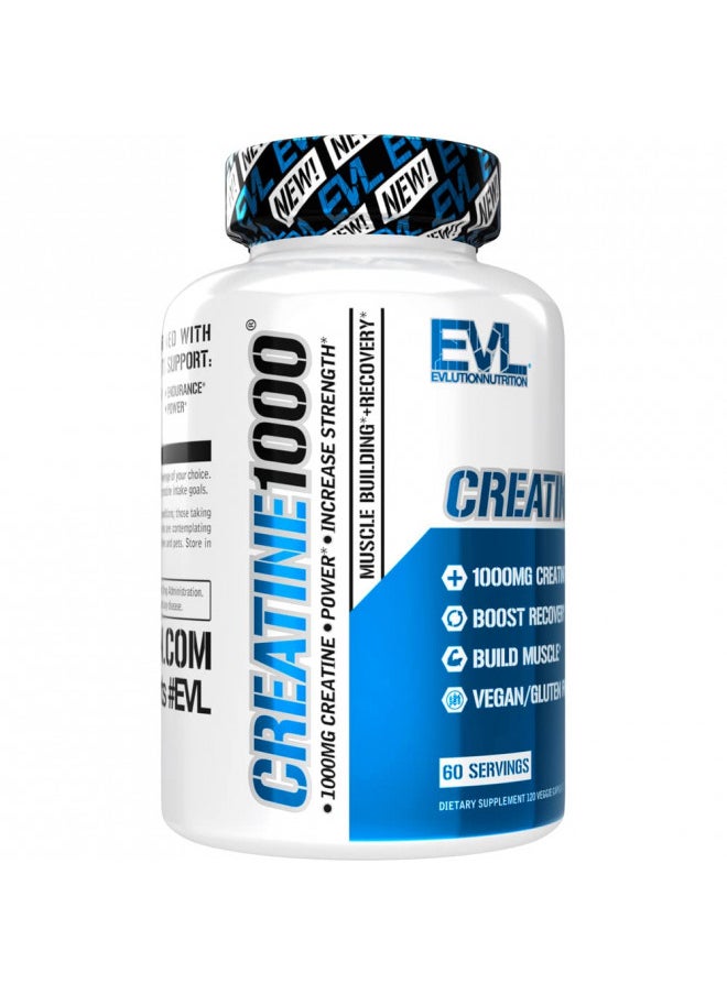 Evlution Pure Creatine Monohydrate Capsules 1000mg Nutrition Pre and Post Workout Recovery Vegan Creatine Pills for Muscle Gains and Muscle Recovery Supplement - Creatine Muscle Builder for Men