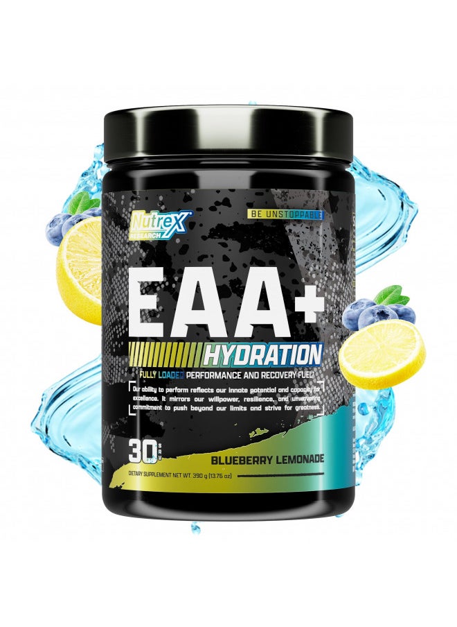 Nutrex Research EAA Hydration | EAAs + BCAA Powder | Muscle Recovery, Strength, Muscle Building, Endurance | 8G Essential Amino Acids + Electrolytes | Blueberry Lemonade 30 Servings