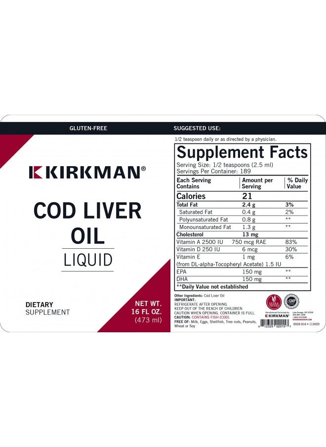 Kirkman Cod Liver Oil Liquid - Unflavored 16oz.