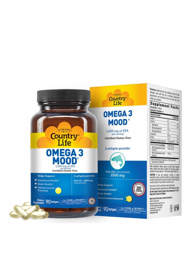 Country Life Omega 3 Mood, 2000mg Fish Oil with EPA & DHA, 90 Softgels, Certified Gluten Free