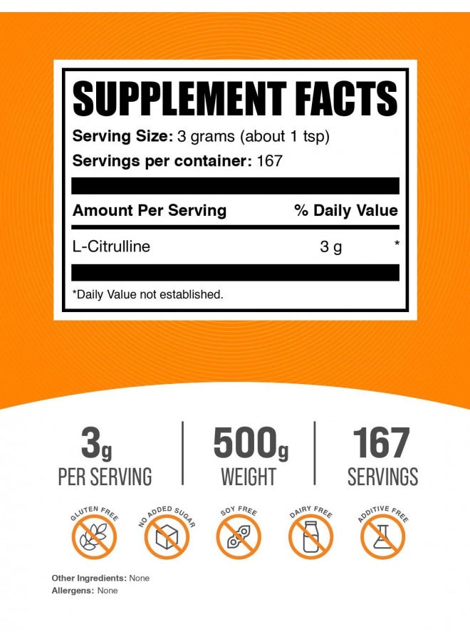 BulkSupplements.com L-Citrulline Powder - Citrulline Supplement - Citrulline Pharmaceutical Grade - Citrulline Powder - 3g per Servings, 167 Servings (500 Grams - 1.1 lbs)