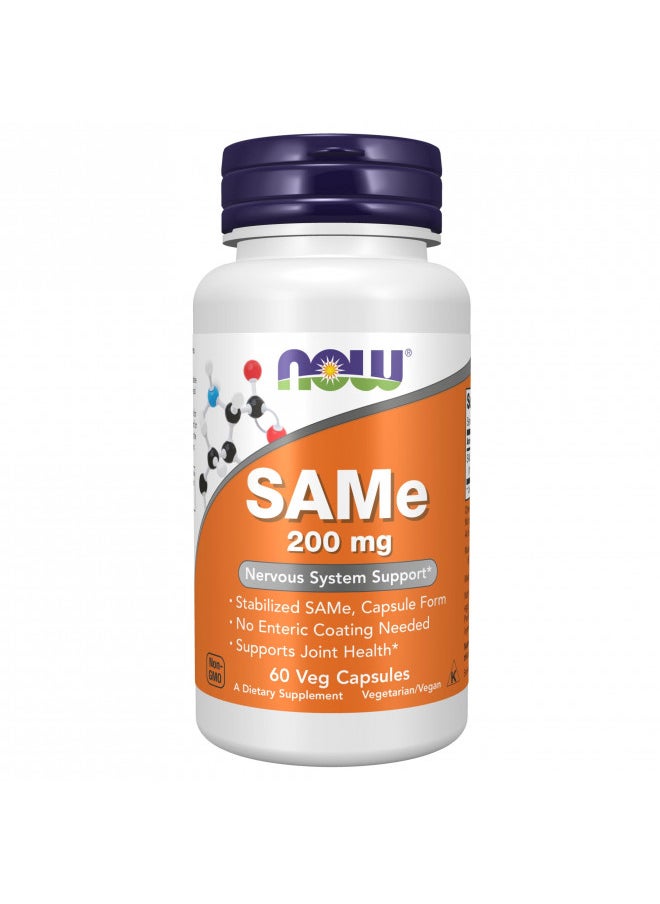 NOW Supplements, SAMe (S-Adenosyl-L-Methionine)200 mg, Nervous System Support*, 60 Veg Capsules