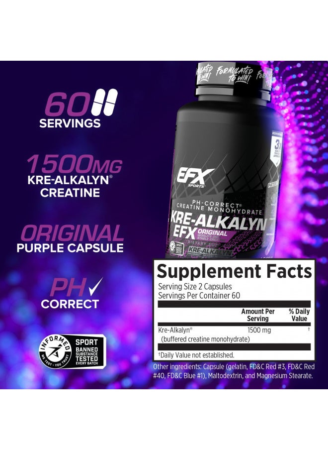 EFX Sports Kre-Alkalyn EFX | pH Correct Creatine Monohydrate Pill Supplement | Strength, Muscle Growth & Performance | 60 servings, 120 Capsules