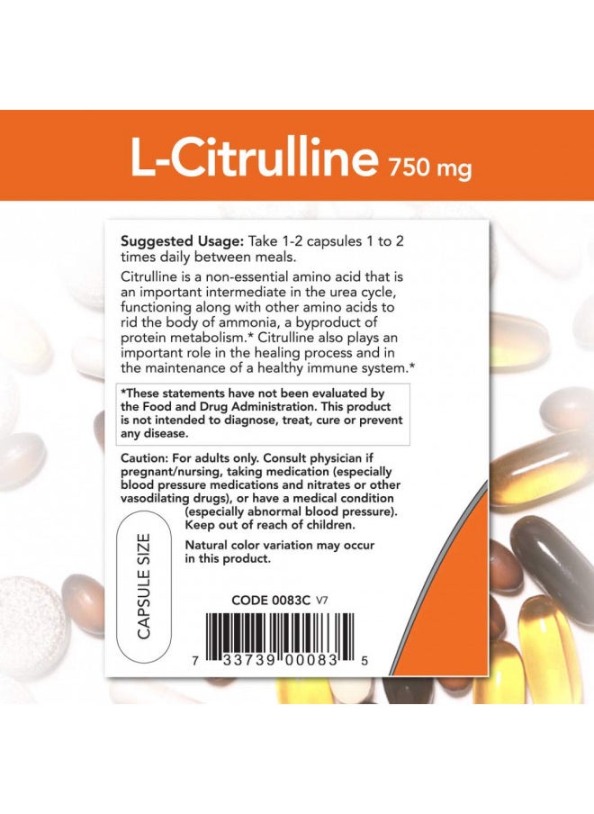 NOW Supplements, L-Citrulline 750 mg, Supports Protein Metabolism*, Amino Acid, 90 Veg Capsules