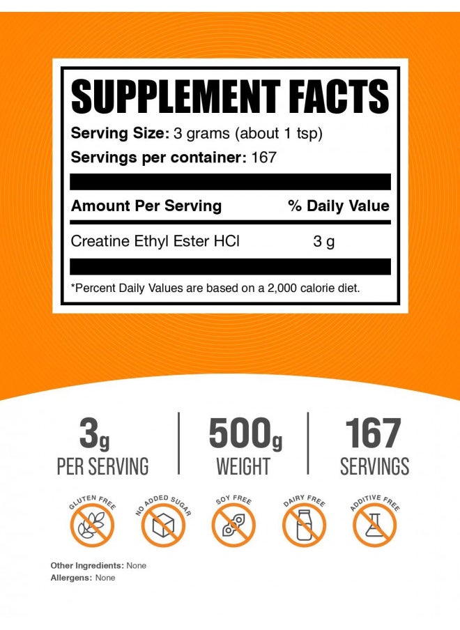 BulkSupplements.com Creatine Ethyl Ester HCl Powder - Creatine Supplement, Creatine Ethyl Ester Powder - Unflavored & Gluten Free, 3g per Serving, 500g (1.1 lbs) (Pack of 1)