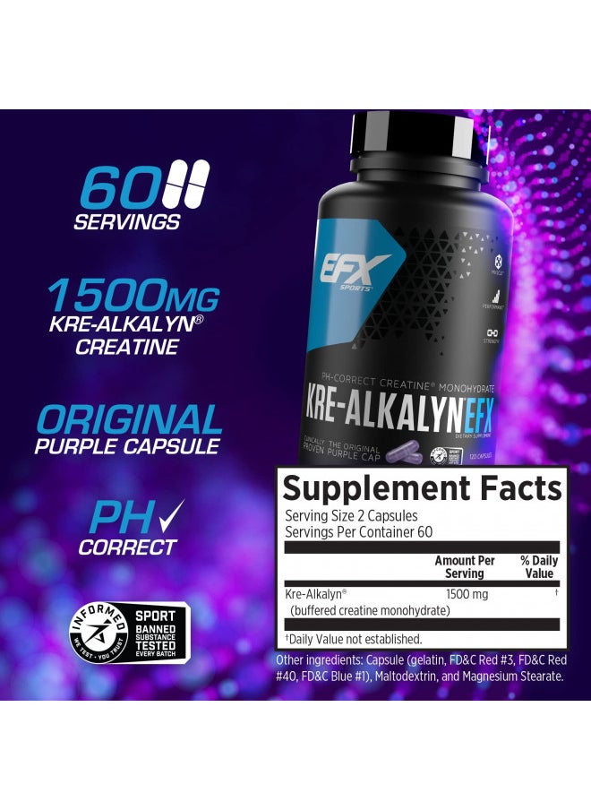 EFX Sports Kre-Alkalyn EFX | pH Correct Creatine Monohydrate Pill Supplement | Strength, Muscle Growth & Performance | 60 Servings, 120 Capsules